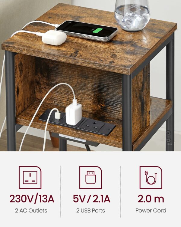 Vasagle Slim Side Table with Charging Station, Narrow Bedside Table with 2 AC Outlets 2 USB Outlets