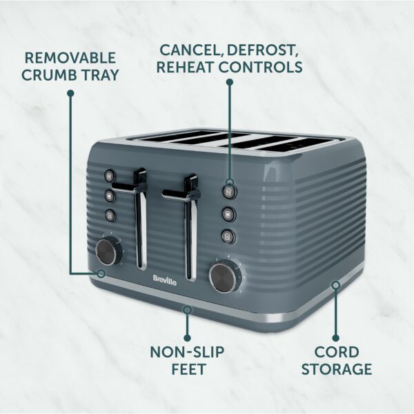 Breville Zen 4 Slice Toaster with High Lift & Wide Slots | Grey & Silver Chrome [VTR027]