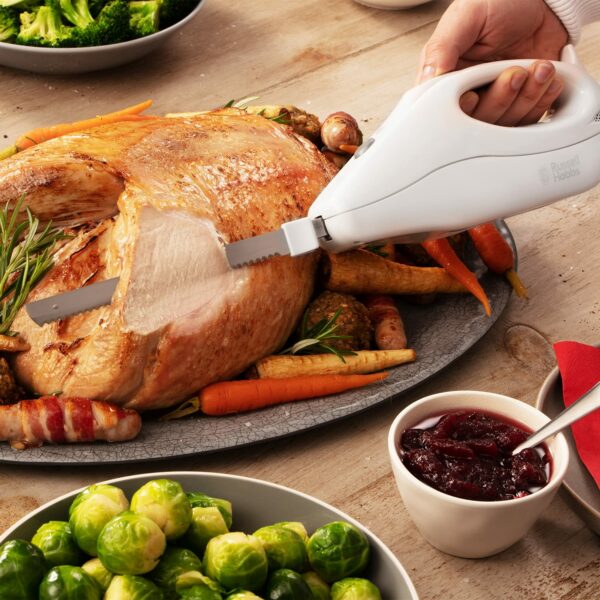 Russell Hobbs Food Collection Electric Carving Knife with dual serated 203mm stainless steel blades, Power & blade release button, Dishwasher safe blades, Easy wrap cord storage, 120W, 13892