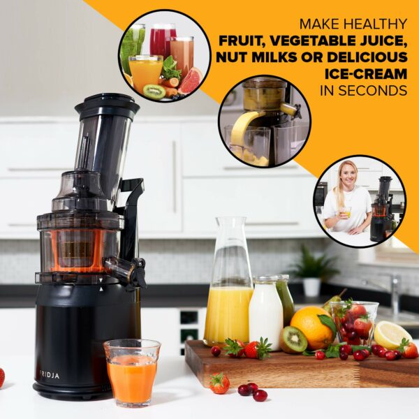 Powerful Masticating Juicer for Whole Fruits and Vegetables, Fresh Healthy Juice, Sorbet, Ice Cream, Wide Mouth 75mm Feeding Chute, BPA Free, 240-Watt, Cold Press, Black Stainless Steel Fridja f1900