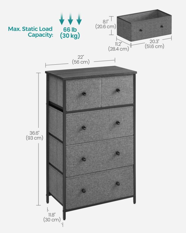 SONGMICS Chest of Drawers, Fabric 5-Drawer Storage Organiser Unit, Dresser, for Living Room, Hallway, Nursery, Grey and Black with Wood Grain LTS514G22