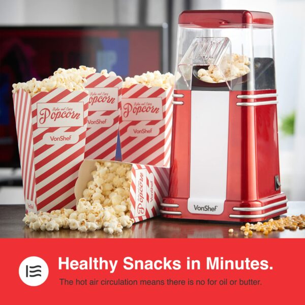 VonShef Popcorn Machine Retro – 1200W Air Popcorn Maker with Hot Air Circulation, One Touch Operation Movie Night Accessories, Healthy & Oil Free Snack Maker for Kids with 6 Boxes – Red