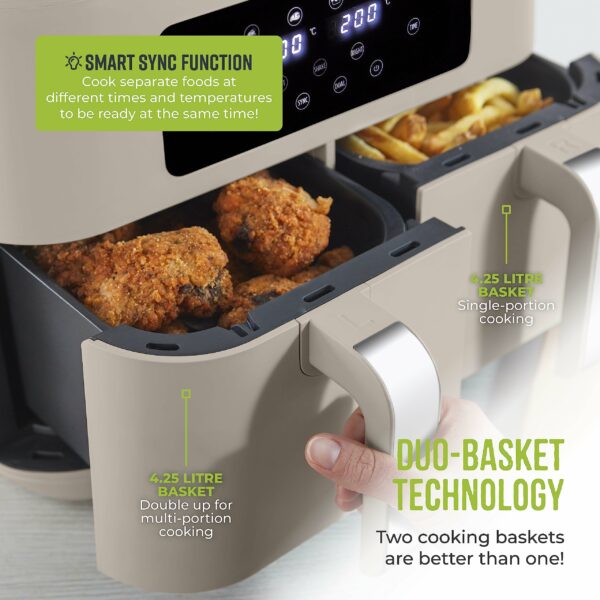 Tower T17137MSH Vortx 8.5L Dual Basket Air Fryer with Dual Cook Function, 2400W, Latte & Chrome