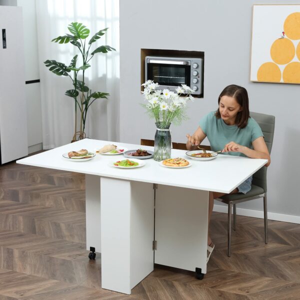 Homcom Folding Dining Table, Drop Leaf Table with 2-Tier Shelves, Rolling Casters, for Small Spaces, Kitchen, White