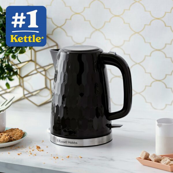 Russell Hobbs Honeycomb Electric 1.7L Cordless Kettle (Fast Boil 3KW, Black premium plastic, matt & high gloss finish, Removable washable anti-scale filter, Push button lid, Perfect pour spout) 26051