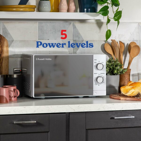 Russell Hobbs 20 Litre 800W White Solo Manual Microwave, 5 Power Levels, Integrated Timer and Defrost Function, Easy Clean RHM2027