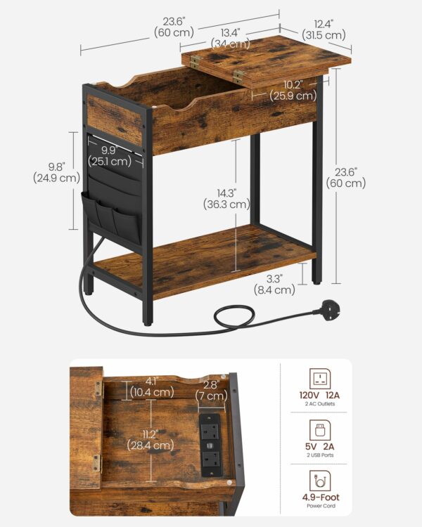 Vasagle Slim Side Table with Charging Station, Narrow Bedside Table with Storage, End Table with USB Ports, Outlets, Fabric Bags