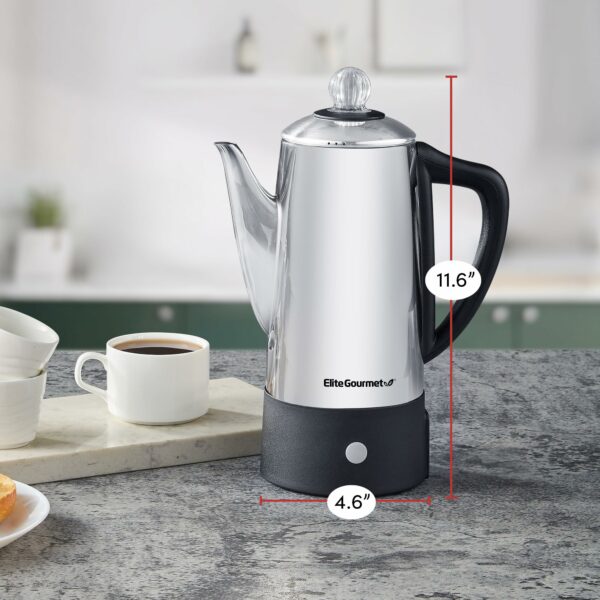 Elite Gourmet Electric 6-Cup Coffee Percolator EC140 with Keep Warm, Clear Brew Progress Knob Cool-Touch Handle Cord-less Serve, Stainless Steel