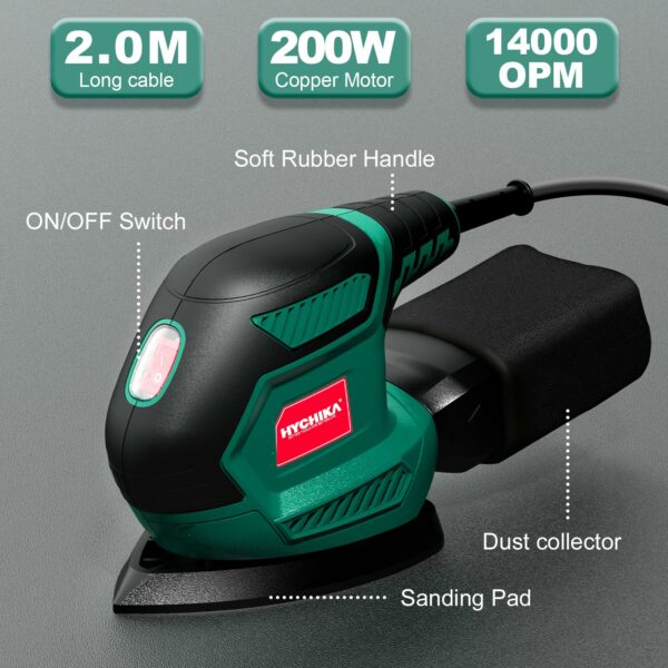 Hychika Sander for Wood 200W, Electric Sander with Dust Collector, 12PCS Sandpapers, 14000RPM Compact Electric Detail Sander