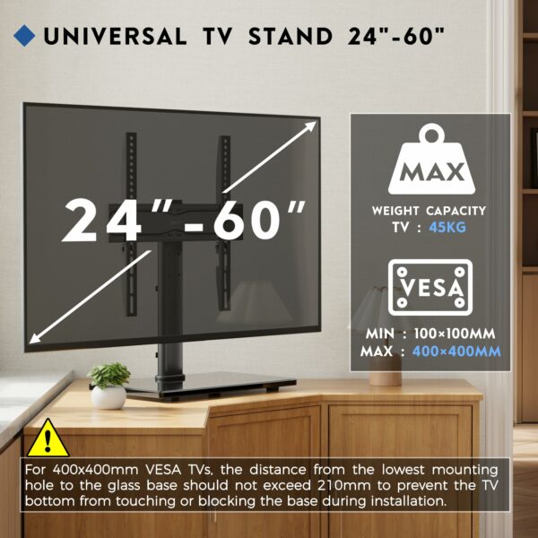BONTEC Universal TV Stand for 24–60 Inch LCD LED OLED Plasma TVs, Height Adjustable Table Top Pedestal with Bracket, 8mm Tempered Glass Base, 45kg Load, Max VESA 400x400mm, Cable Management