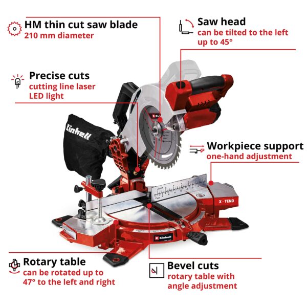 Einhell Power X-Change 18V Mitre Saw - 3000 RPM Circular Saw With Work Table, LED, Dust Collection, 45° Mitre, +/-47° Bevel - TE-MS 18/210 Li Solo (Battery Not Included)