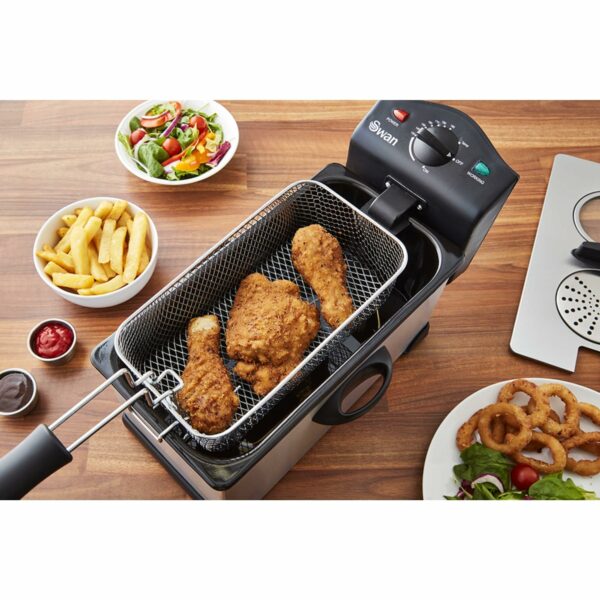 Swan SD6040N 3 Litre Stainless Steel Deep Fat Fryer with Viewing Window and Safety Cut Out, Non-Slip, Easy Clean and Adjustable Temperature Control, 2000W, Silver