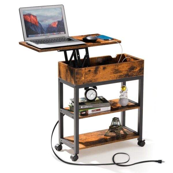 Lift Top End Table with Charging Station, Mobilizable Narrow Side Table with Storage Shelf and USB Ports
