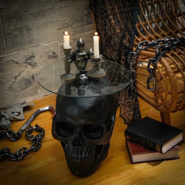 Thyle Gothic Skull Glass Topped Table - Round Gothic Coffee Table with Spooky End Tables and Pedestal Design for Living Room Accessories and Home Decor