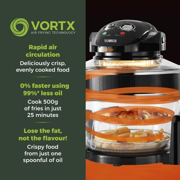 Tower T14048 Vizion Halogen Airwave Low Fat Air Fryer, 1400 W, 17 Litre Capacity with Extender Ring, Black
