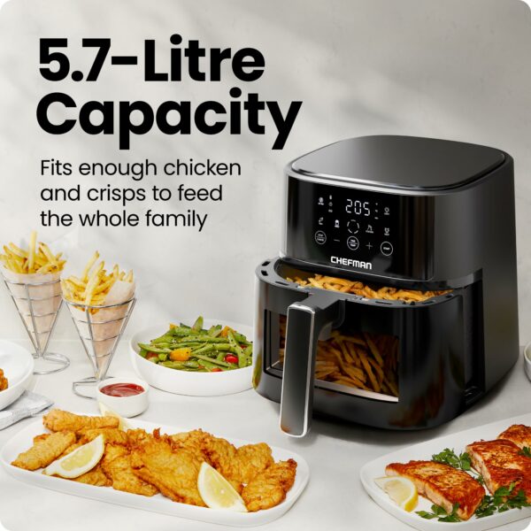 Chefman Air Fryer – 5.7L Compact Airfryer for Quick, Easy Meals, Features Hi-Fry Technology for Extra Crisp, Easy-View Window, Touch Controls with 4 Presets, Nonstick & Dishwasher Safe Basket - Black