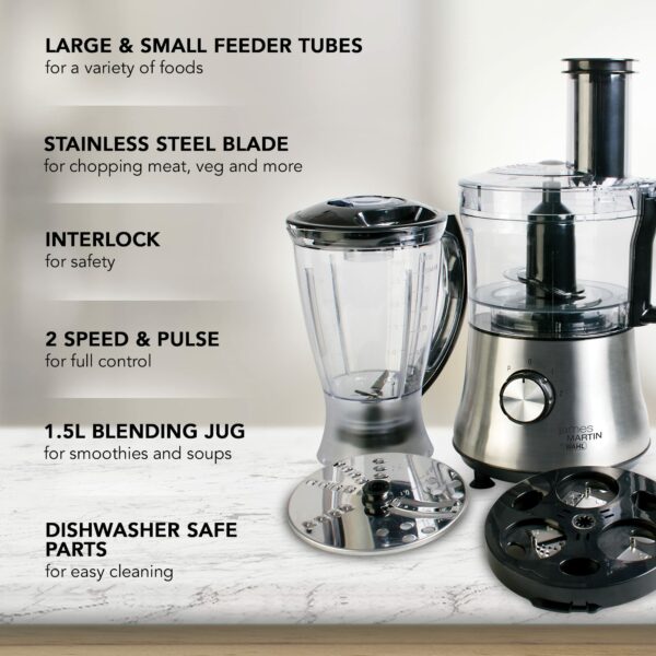 Wahl James Martin Food Processor Compact with Spiralizer, 500 W, 1.5 Litre with Spiralizer Electric, Ice Crushing 1 L Blender, Blade/ Slicing and Grating disc, 2.3 Kgs