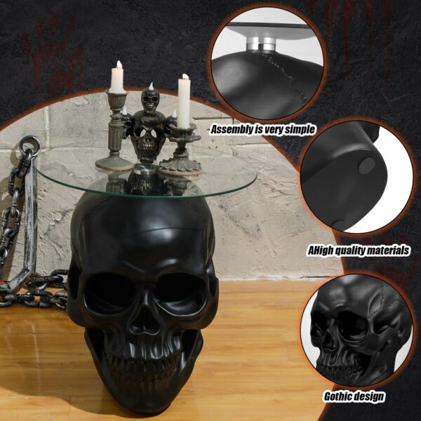 Thyle Gothic Skull Glass Topped Table - Round Gothic Coffee Table with Spooky End Tables and Pedestal Design for Living Room Accessories and Home Decor