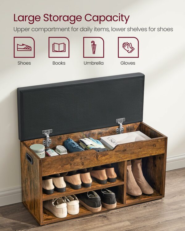 Vasagle Shoe Bench with Cushion, Storage Bench with Padded Seat, 3 Compartments, Hidden Storage, Shelves