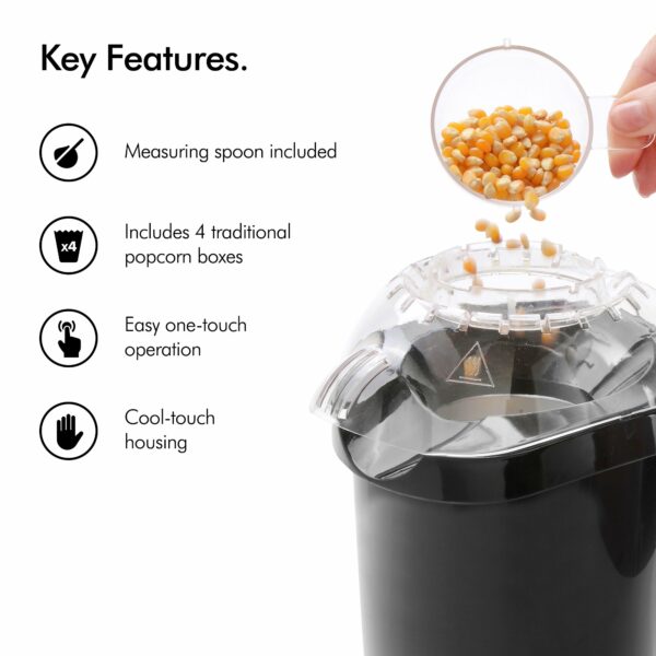 VonShef Popcorn Maker – 1200W Air Popcorn Machine with Hot Air Circulation, One Touch Operation, Movie Night Accessories, Healthy & Oil Free Snack Maker for Kids with 6 Boxes - Black