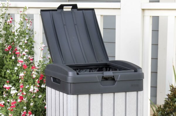 Keter Rockford Resin 38 Gallon Trash Can with Lid and Drip Tray for Easy Cleaning-Perfect for Patios, Kitchens, and Outdoor Entertaining, Grey