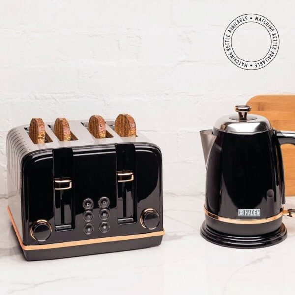 Haden Salcombe Black 4 Slice Toaster - Dual Browning Control, Retro Design, Wide Slot Toaster - Stainless Steel Housing