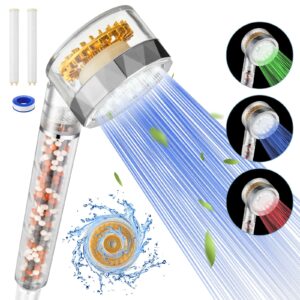 Rovtop Filter Shower Head, Led Color Change & Turbo High Pressure Hard Water Softener Mineral Filtered Showerhead Set with 2 Replacement Cotton Filter, Crystal Clear, Blue,green,red (AAROSS0103)