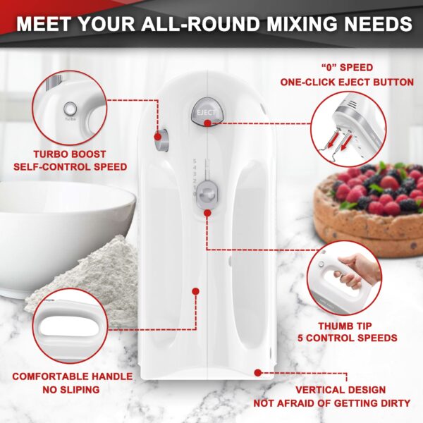 Lord Eagle Hand Mixer Electric Whisk, 400W Power Handheld Mixer for Baking Cake Egg Cream Food Beater, Turbo Boost/Self-Control Speed + 5 Speed + Eject Button + 5 Accessories
