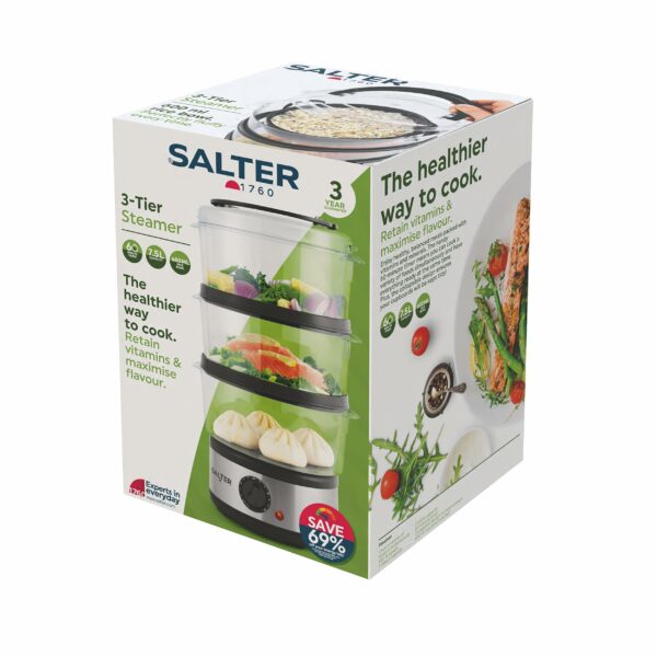 Salter 3 Tier Electric Food Steamer - 7.5L, Stackable Steaming Baskets, Dishwasher Safe, BPA Free Includes Rice Bowl, 60 Minute Timer, Compact Storage, Healthy Cooking Vegetables & Fish, 500W, EK2726