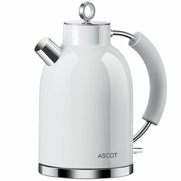 Stainless Steel Kettle, ASCOT Electric Kettle, 2200 W, 1.6 Litres, Retro Design, Wireless Tea Maker, BPA , Boil Dry Protection, Automatic Shut-Off, White