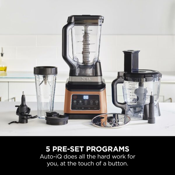 Ninja 3-in-1 Food Processor & Blender, Coffee & Spice Grinder, 5 Auto Programs; Blend, Max, Chop, Puree, Mix, 1.8L Bowl, 2.1L Jug, 700ml Cup, 1200W, Apron, Dishwasher Safe, Copper/Black BN800UKDBCP
