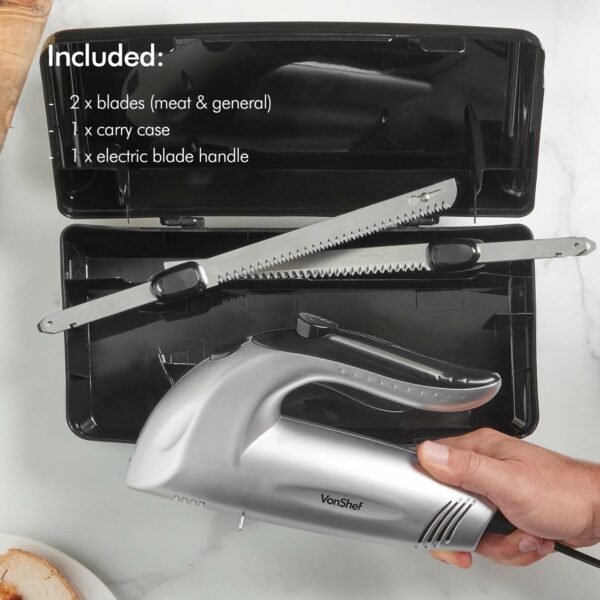 VonShef Electric Carving Knife With Two Serrated Blades For Multi-Purpose Use, Ergonomic Handle Plus Low Vibration & Noise For Your Comfort, Meat, Vegetable or Bread Knife