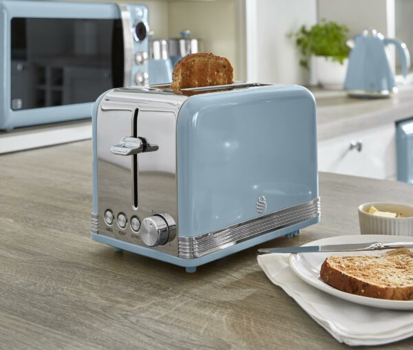 Swan ST19010BLN Retro 2-Slice Toaster with Defost/Reheat/Cancel Functions, Cord Storage, 815W, Retro Blue