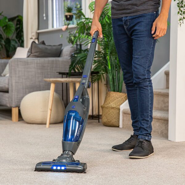 Russell Hobbs Cordless Upright Stick Vacuum Cleaner Bagless 2 in 1 Grey and Blue 600W 2 Speed Settings 60 min Run Time