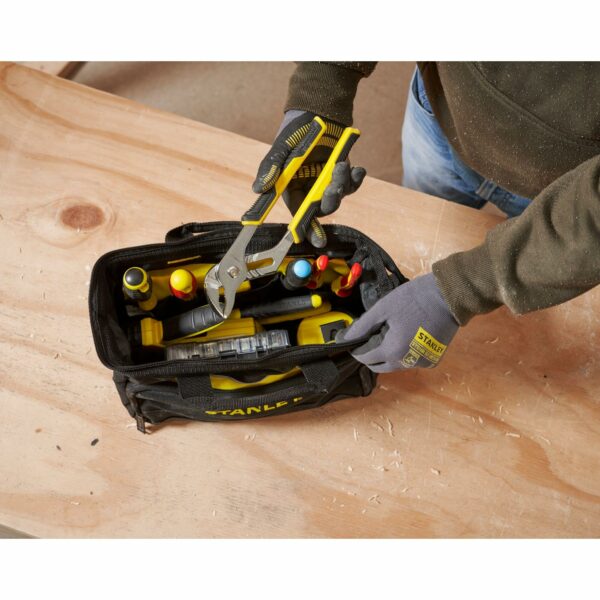 Stanley Tool Bag 30 x 25 x 13 cm in Resistant 600 x 600 Denier with 8 Interior 2 Exterior Pockets and Reinfored Base 1-93-330, Black, 12"