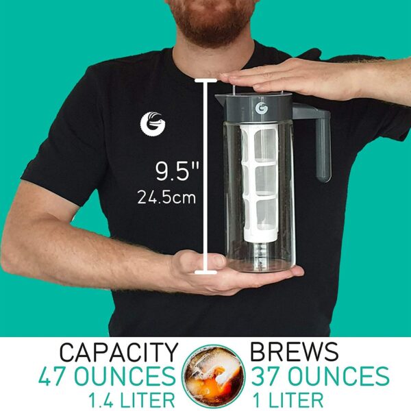 Coffee Gator Cold Brew Coffee Maker - 1.4L Iced Tea and Cold Brew Maker and Pitcher w/Glass Carafe, Filter, Funnel & Measuring Scoop - Grey