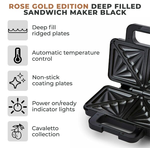 Tower T27036RG Cavaletto Sandwich Maker with Deep Fill Ridge Plates, 900W Black and Rose Gold