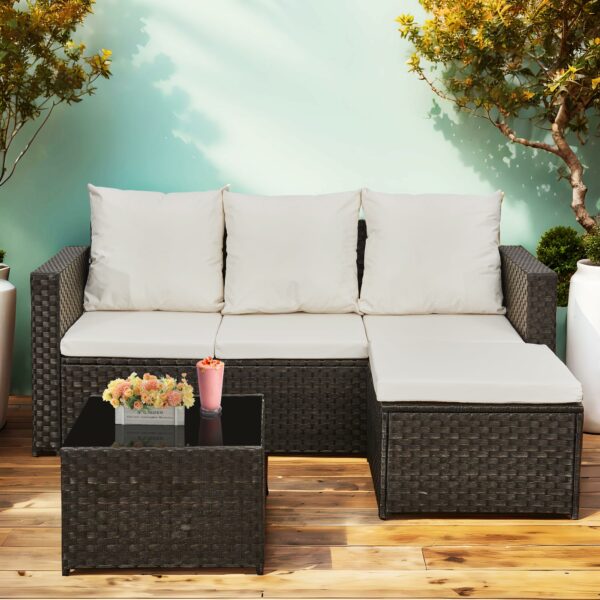 AOUXIN 3 Piece Rattan Garden Furniture Set, Outdoor Sectional Sofa with Coffee Table, Black Wicker, White Cushions
