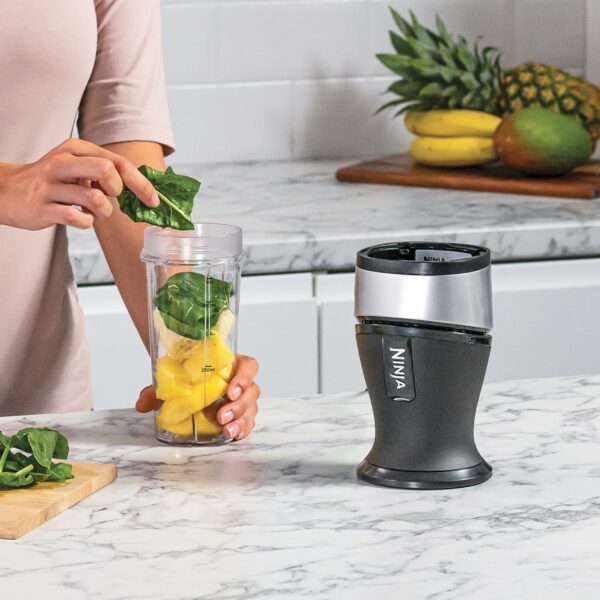 Ninja 700 W Slim Blender & Smoothie Maker, 2 x 470 ml cups with spout lids, personal blender, crush ice & frozen fruit, silver/black, QB3001UKS
