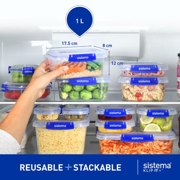 Sistema KLIP IT PLUS Leakproof Food Storage Containers | 1 L | Airtight, Stackable & Nestable Meal Prep Containers with Lids | School Lunch Boxes | BPA-Free | 3 Count