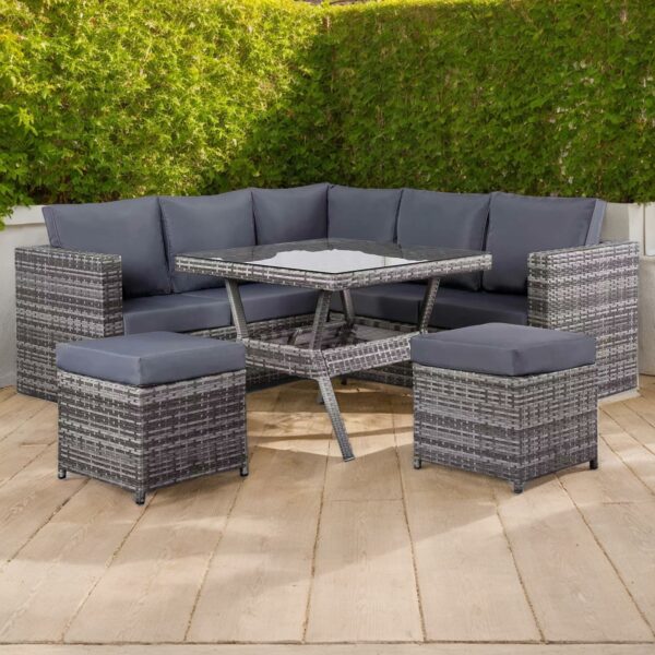 Club Rattan Garden Furniture Lille 7-seater Compact Corner Sofa with Dining Table and 2 Stools in Grey Rattan