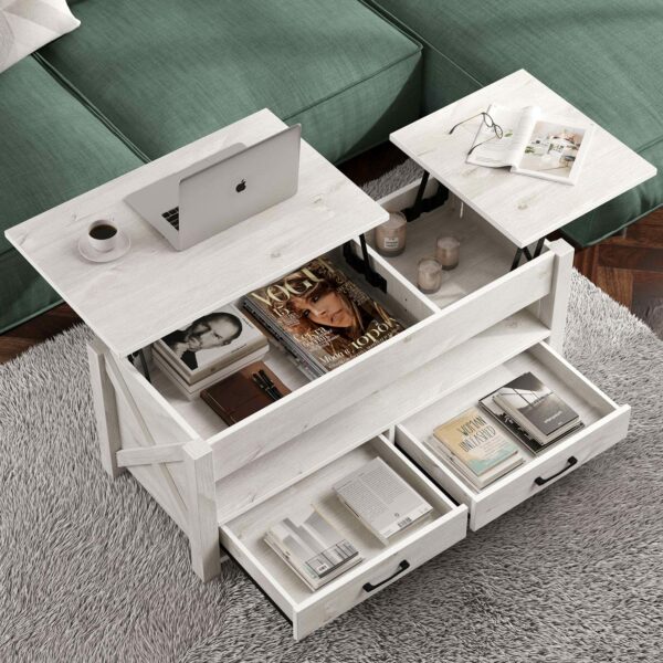 Seventable Coffee Table, 47.2" Lift Top Coffee Table with 2 Storage Drawers and Hidden Compartment, Retro Center Table