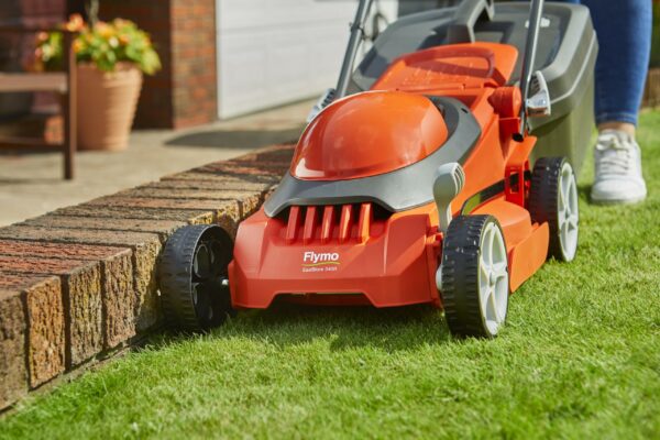 Flymo EasiStore 340R Electric Rotary Lawn Mower - 34 cm Cutting Width, 35 Litre Grass Box, Close Edge Cutting, Rear Roller, Central Height Adjust , Space Saving Storage Features
