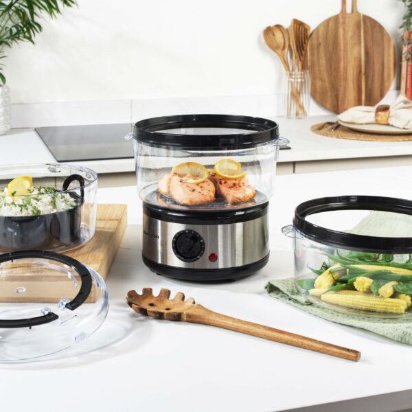 Salter 3 Tier Electric Food Steamer - 7.5L, Stackable Steaming Baskets, Dishwasher Safe, BPA Free Includes Rice Bowl, 60 Minute Timer, Compact Storage, Healthy Cooking Vegetables & Fish, 500W, EK2726