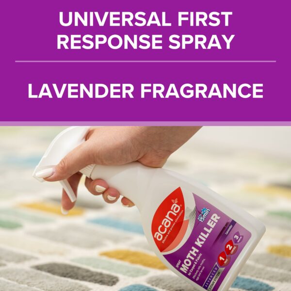 Acana Moth Killer & Freshener, Lavender, 275ml - Spray Formula, Kills Moths, Eggs & Larvae - Licensed Insecticide - Non-staining - for Carpets, Curtains & Cushions