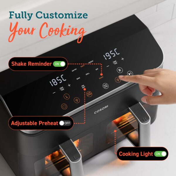 COSORI Dual Air Fryer, 8.5L Family Size, 8-In-1, Air Fry, Roast, Bake, Reheat, Dehydrate, Grill, Sync Cook & Finish, Fast and Energy Save, Healthy 50+ Online Recipes, 5 Accessories, Non-Stick