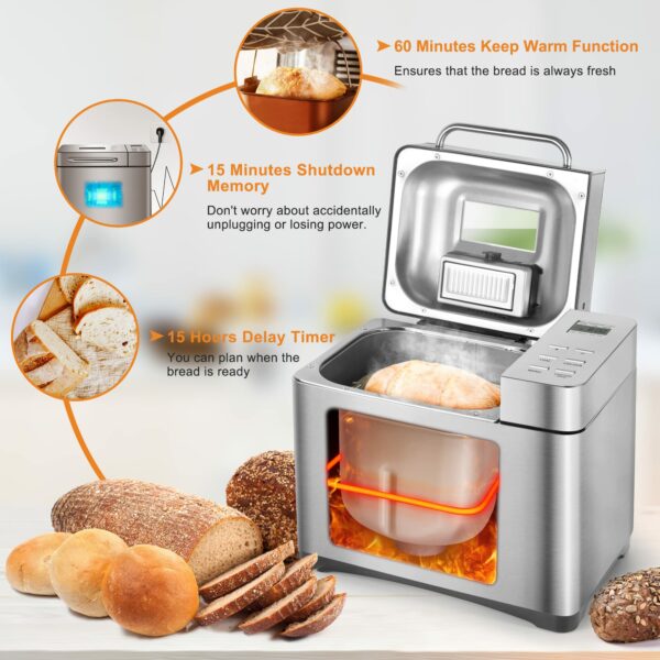 Bread Maker Machines 19 in 1, Stainless Steel Breadmaker with Nut Automatic Dispenser, 2.2LB Large Bread Machine, Nonstick Pan, LCD Touch Panel, Gluten Free, Dough Maker, Jam, Yogurt by KITCANIS