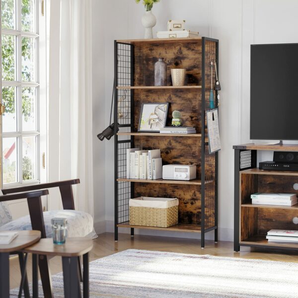 Vasagle Bookcase, Office Storage Shelf, 4 Tiers for Books, Decorations, Stable Steel Frame, S-Shaped Hooks for Hanging