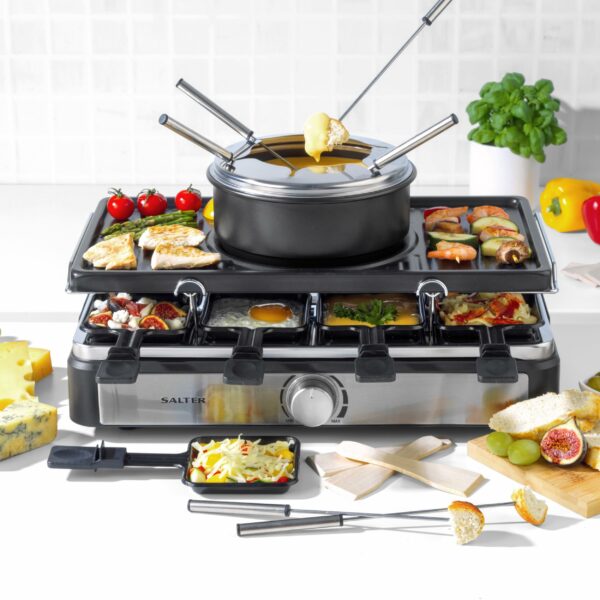 Salter EK4513 Electric Raclette Grill & Fondue - 2 In 1 Indoor Grill, 1.3L Chocolate Melting Pot, 6 Forks, Cheese Fondue Set, Adjustable Temperature Control, 8 Non-Stick Pans & Wooden Spatulas, 1400W