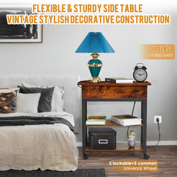 Lift Top End Table with Charging Station, Mobilizable Narrow Side Table with Storage Shelf and USB Ports